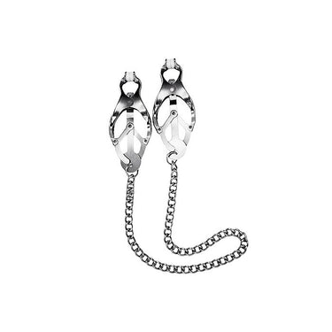 Chic black and silver clover nipple clamps on a decorative chain, combining elegance and functionality for intimate adventures.